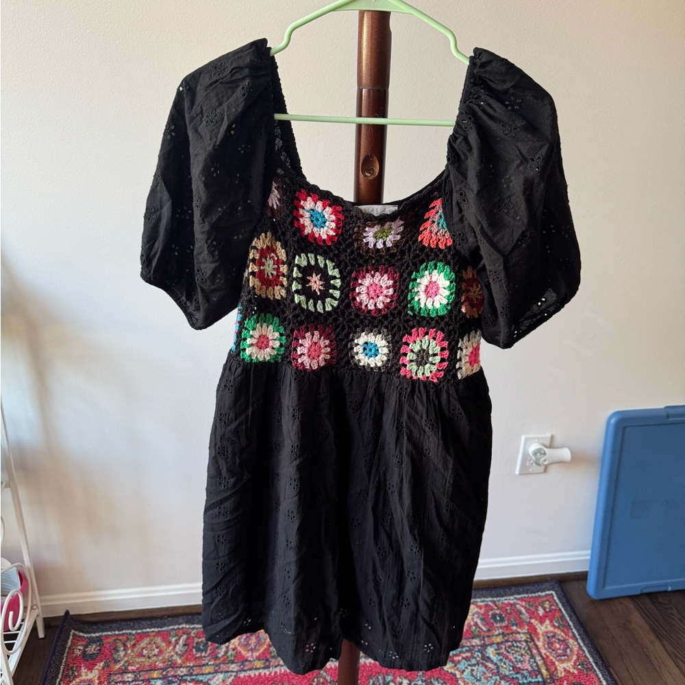 ILLA ILLA Black Puff Sleeve Babydoll Mini Dress with Colorful Crochet Top